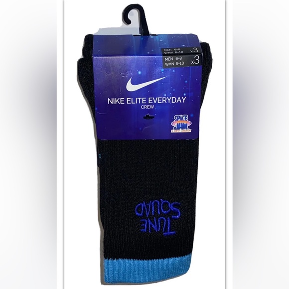 Nike Elite Space Jam Crew Socks 3 Pair Men 6-8 Women 6-10 Black Multi Logo Squad - Picture 1 of 12
